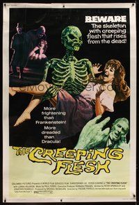 1s321 CREEPING FLESH 40x60 '72 Christopher Lee, Peter Cushing, cool art of skeleton holding girl!