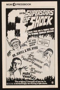 1t073 3 SUPERSTARS OF SHOCK pressbook '72 Boris Karloff, Bela Lugosi, March, cool monster art!