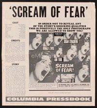 1t145 SCREAM OF FEAR pressbook '61 Hammer, great images of Susan Strasberg, horror thriller!