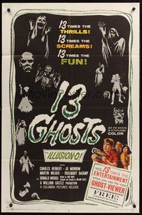 1w002 13 GHOSTS black style 1sh '60 William Castle, great art of all the spooks, ILLUSION-O!