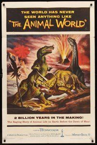 1w044 ANIMAL WORLD 1sh '56 great artwork of dinosaurs & erupting volcano!