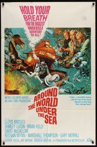 1w052 AROUND THE WORLD UNDER THE SEA 1sh '66 Lloyd Bridges, great scuba diving fantasy art!