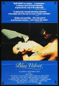 1w117 BLUE VELVET 1sh '86 directed by David Lynch, sexy Isabella Rossellini, Kyle McLachlan!