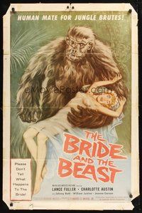 1w136 BRIDE & THE BEAST 1sh '58 Ed Wood classic, great wacky art of huge ape holding sexy girl!