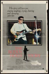 1w147 BUDDY HOLLY STORY 1sh '78 great image of Gary Busey performing on stage with guitar!