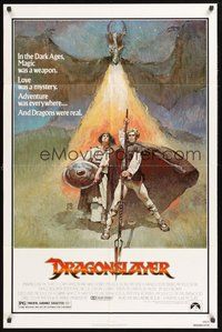 1w259 DRAGONSLAYER 1sh '81 cool Jeff Jones fantasy artwork of Peter MacNicol w/spear, dragon!