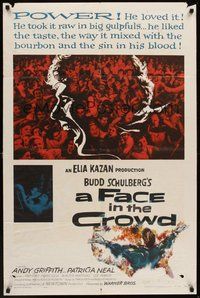 1w295 FACE IN THE CROWD 1sh '57 Andy Griffith took it raw like his bourbon & his sin, Elia Kazan