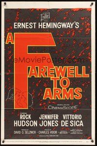 1w301 FAREWELL TO ARMS 1sh '58 silhouette art of Rock Hudson & Jennifer Jones, Ernest Hemingway!