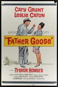 1w306 FATHER GOOSE 1sh '65 art of sea captain Cary Grant yelling at pretty Leslie Caron!