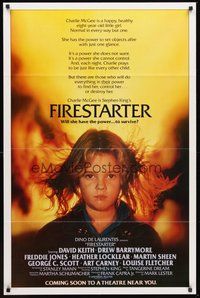 1w316 FIRESTARTER advance 1sh '84 close up of creepy eight year-old Drew Barrymore, sci-fi!