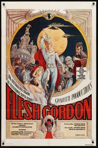 1w321 FLESH GORDON 1sh '74 sexy sci-fi spoof, wacky erotic super hero art by George Barr!