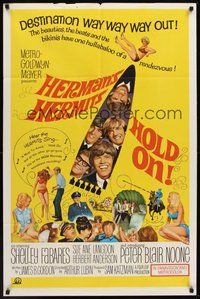 1w410 HOLD ON 1sh '66 rock & roll, great full-length image of Herman's Hermits performing!