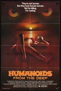 1w428 HUMANOIDS FROM THE DEEP 1sh '80 classic sexy art of eyes looming over sexy girl on beach!