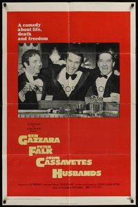 1w434 HUSBANDS 1sh '70 close up of Ben Gazzara, Peter Falk & John Cassavetes in tuxes at bar!