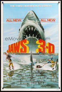1w466 JAWS 3-D 1sh '83 great Gary Meyer shark artwork, the third dimension is terror!