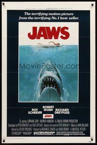 1w464 JAWS 1sh '75 art of Steven Spielberg's classic man-eating shark attacking sexy swimmer!
