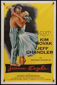 1w467 JEANNE EAGELS 1sh '57 best romantic artwork of Kim Novak & Jeff Chandler kissing!