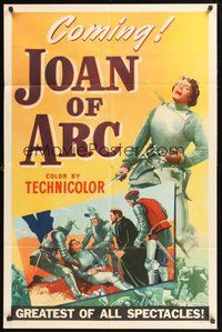 1w469 JOAN OF ARC style B teaser 1sh '48 art of Ingrid Bergman in armor and wounded!