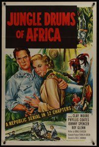 1w472 JUNGLE DRUMS OF AFRICA 1sh '52 Clayton Moore with gun & Phyllis Coates, Republic serial!