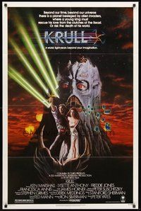 1w487 KRULL 1sh '83 great sci-fi fantasy art of Ken Marshall & Lysette Anthony in monster's hand!