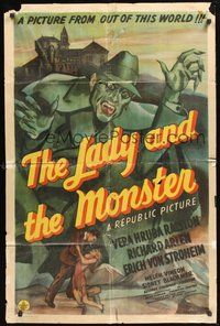 1w490 LADY & THE MONSTER 1sh '44 great image of deranged madman, from Siodmak's Donovan's Brain!