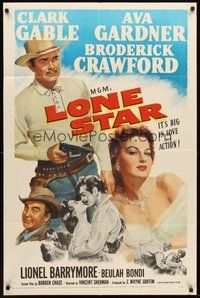 1w524 LONE STAR 1sh '51 Clark Gable with gun & close up kissing sexy Ava Gardner!