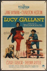 1w556 LUCY GALLANT 1sh '55 full-length image of sexy Jane Wyman walking dog, plus Charlton Heston!