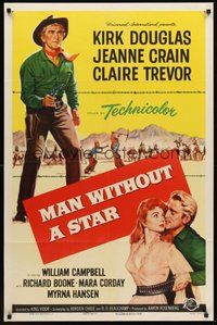 1w587 MAN WITHOUT A STAR 1sh '55 art of cowboy Kirk Douglas pointing gun, Jeanne Crain