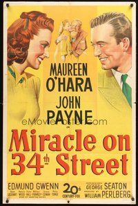 1w615 MIRACLE ON 34th STREET 1sh '47 Maureen O'Hara, John Payne, Edmund Gwenn, Natalie Wood!