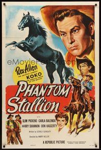 1w690 PHANTOM STALLION 1sh '54 great art of Arizona Cowboy Rex Allen & Koko the Miracle Horse!
