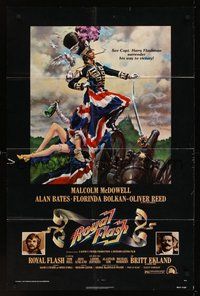 1w748 ROYAL FLASH 1sh '75 great art of uniformed Malcolm McDowell & sexy babe draped in flag!