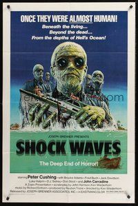 1w783 SHOCK WAVES 1sh '77 Peter Cushing, cool art of wacky ocean zombies terrorizing boat!