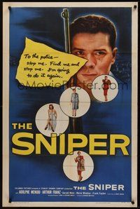 1w806 SNIPER 1sh '52 image of sniper Arthur Franz with gun targeting pretty women!