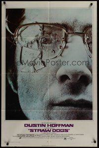 1w829 STRAW DOGS 1sh '72 directed by Sam Peckinpah, c/u of Dustin Hoffman with broken glasses!