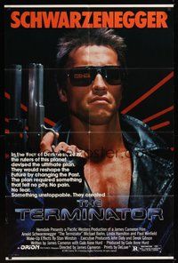 1w859 TERMINATOR 1sh '84 super close up of most classic cyborg Arnold Schwarzenegger with gun!