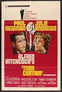 1w894 TORN CURTAIN 1sh '66 Paul Newman, Julie Andrews, Alfred Hitchcock tears you apart w/suspense!
