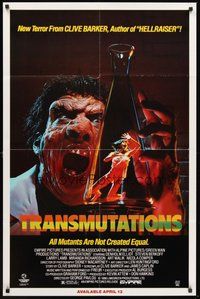 1w900 TRANSMUTATIONS video 1sh '86 wild grotesque scientist monster holds girl in beaker!