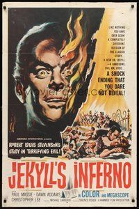1w908 TWO FACES OF DR. JEKYLL 1sh '61 Jekyll's Inferno, cool burning face art by Reynold Brown!
