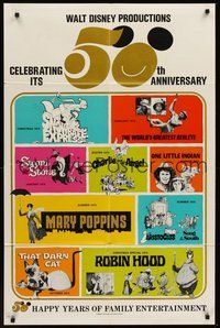 1w940 WALT DISNEY 50th ANNIVERSARY 1sh '73 Disney classics, Mary Poppins, Aristocats, Robin Hood!