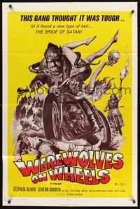 1w959 WEREWOLVES ON WHEELS 1sh '71 great artwork of wolfman biker on motorcycle by Joseph Smith!