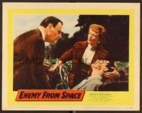 1x489 ENEMY FROM SPACE LC #8 '57 woman looks at Brian Donlevy examining dead body in car!