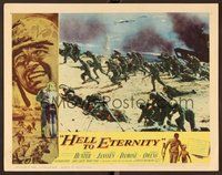 1x582 HELL TO ETERNITY LC #7 '60 border art of soldier Jeffrey Hunter, cool image of beach assault!