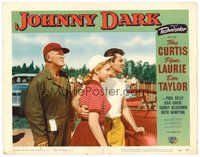 1x642 JOHNNY DARK LC #4 '54 Joe Sawyer, Piper Laurie & Don Taylor standing by cool hot rods!
