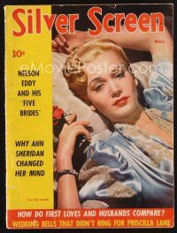 1y087 SILVER SCREEN magazine May 1942 great close portrait of sexy Carole Landis in silk dress!