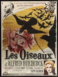 1z105 BIRDS CinePoster REPRO French 1p R80s Alfred Hitchcock, art of Tippi Hedren attacked by birds!