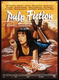 1z302 PULP FICTION French 1p '94 Quentin Tarantino, close up of sexy Uma Thurman in bed!