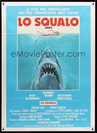 1z461 JAWS Italian 1p '75 art of Steven Spielberg classic man-eating shark attacking sexy swimmer!