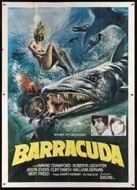 1z386 BARRACUDA Italian 2p '78 great artwork of huge killer fish attacking sexy diver in bikini!