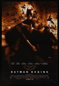 2b125 BATMAN BEGINS advance DS 1sh '05 Bale as the Caped Crusader carrying Katie Holmes!