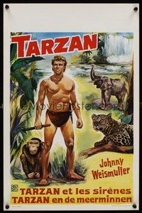 2b661 TARZAN & THE MERMAIDS Belgian R60s art of Johnny Weissmuller w/animals in jungle!